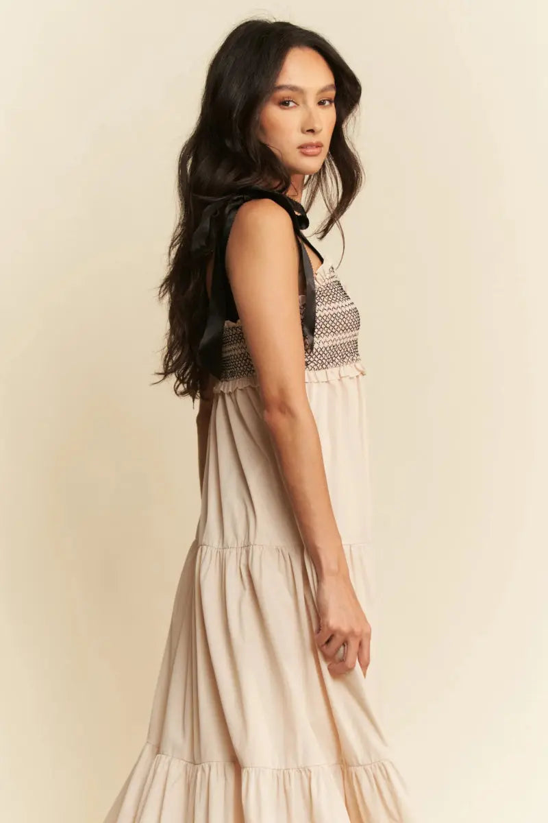 Davi & Dani Multi Contrast Smocked Bodice Straps Maxi Dress - Love Salve